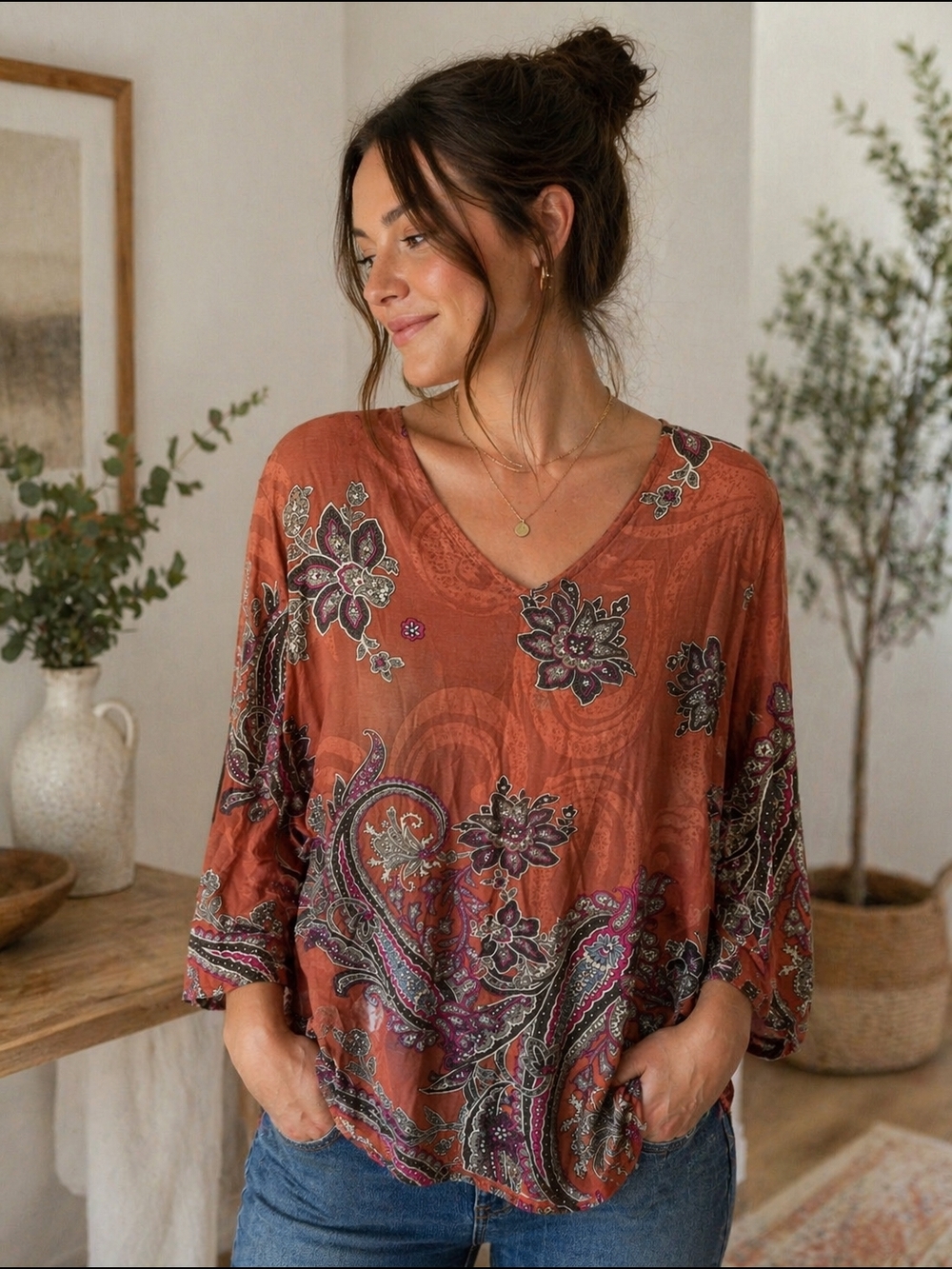 Chico's Rust Paisley V-Neck Tunic
